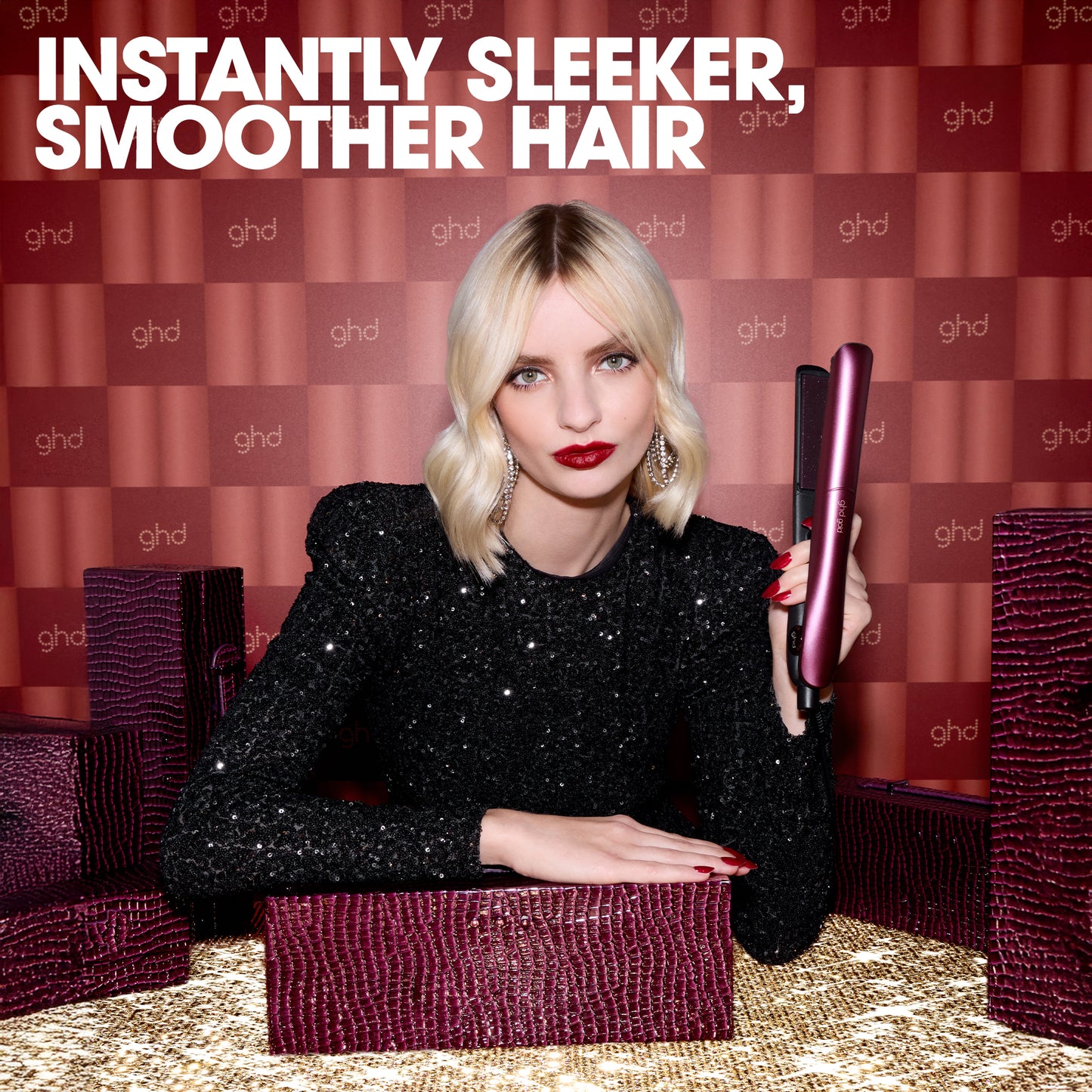 ghd Gold Limited Edition Gift Set - Hair Straighteners in Cherry Chic With Luxe Vanity Case, 65% More Shine