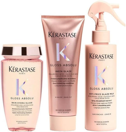 Kérastase Gloss Absolu Shampoo, Conditioner and Treatment Spray Trio, with Glycolic Acid, Hyaluronic Acid and Wild Rose