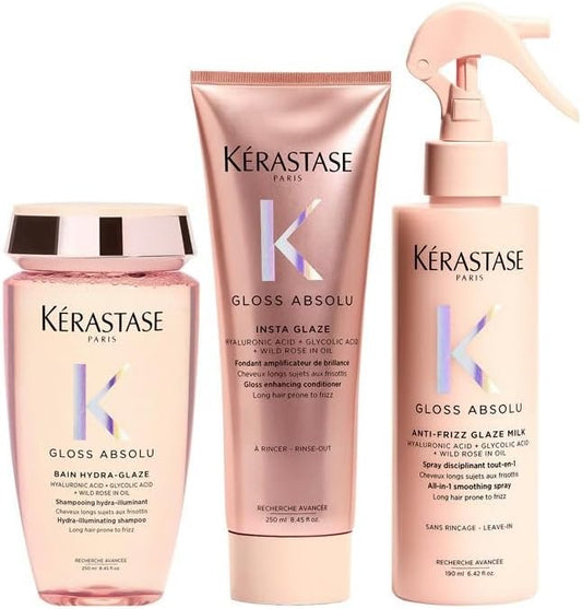 Kérastase Gloss Absolu Shampoo, Conditioner and Treatment Spray Trio, with Glycolic Acid, Hyaluronic Acid and Wild Rose