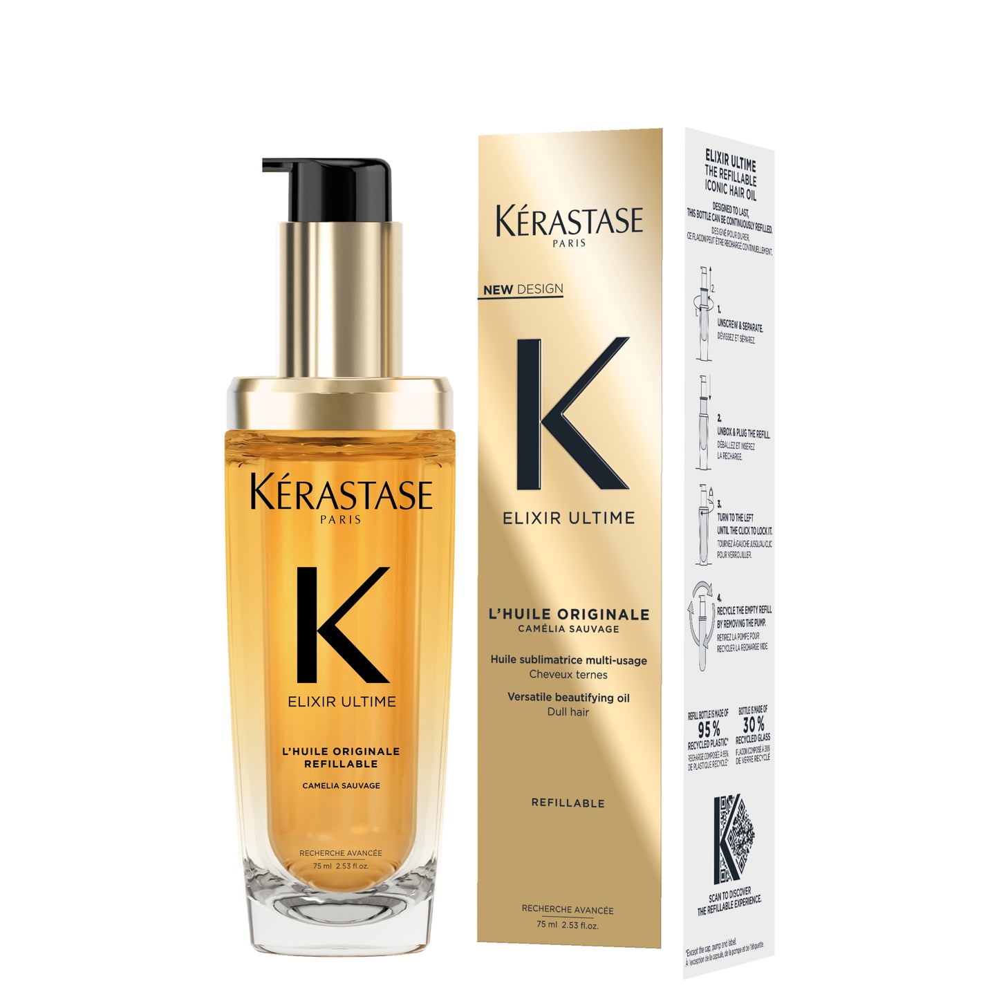Kérastase Elixir Ultime Hair Oil L'Huile Originale Refillable, For All Hair Types with Argan Oil & Heat Protection 75ml