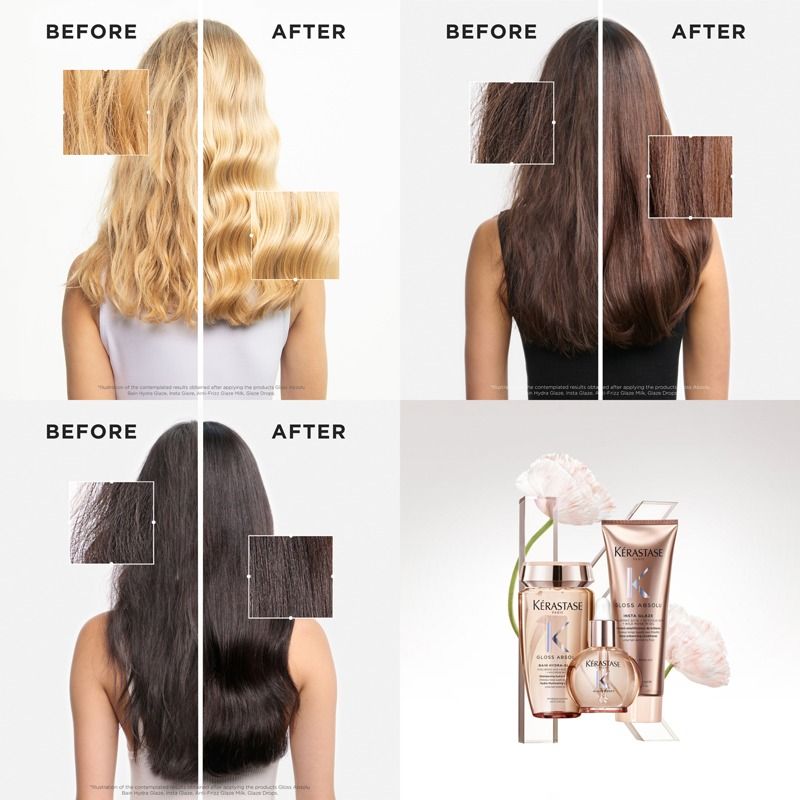 Kérastase Gloss Absolu Shampoo, Conditioner and Treatment Spray Trio, with Glycolic Acid, Hyaluronic Acid and Wild Rose